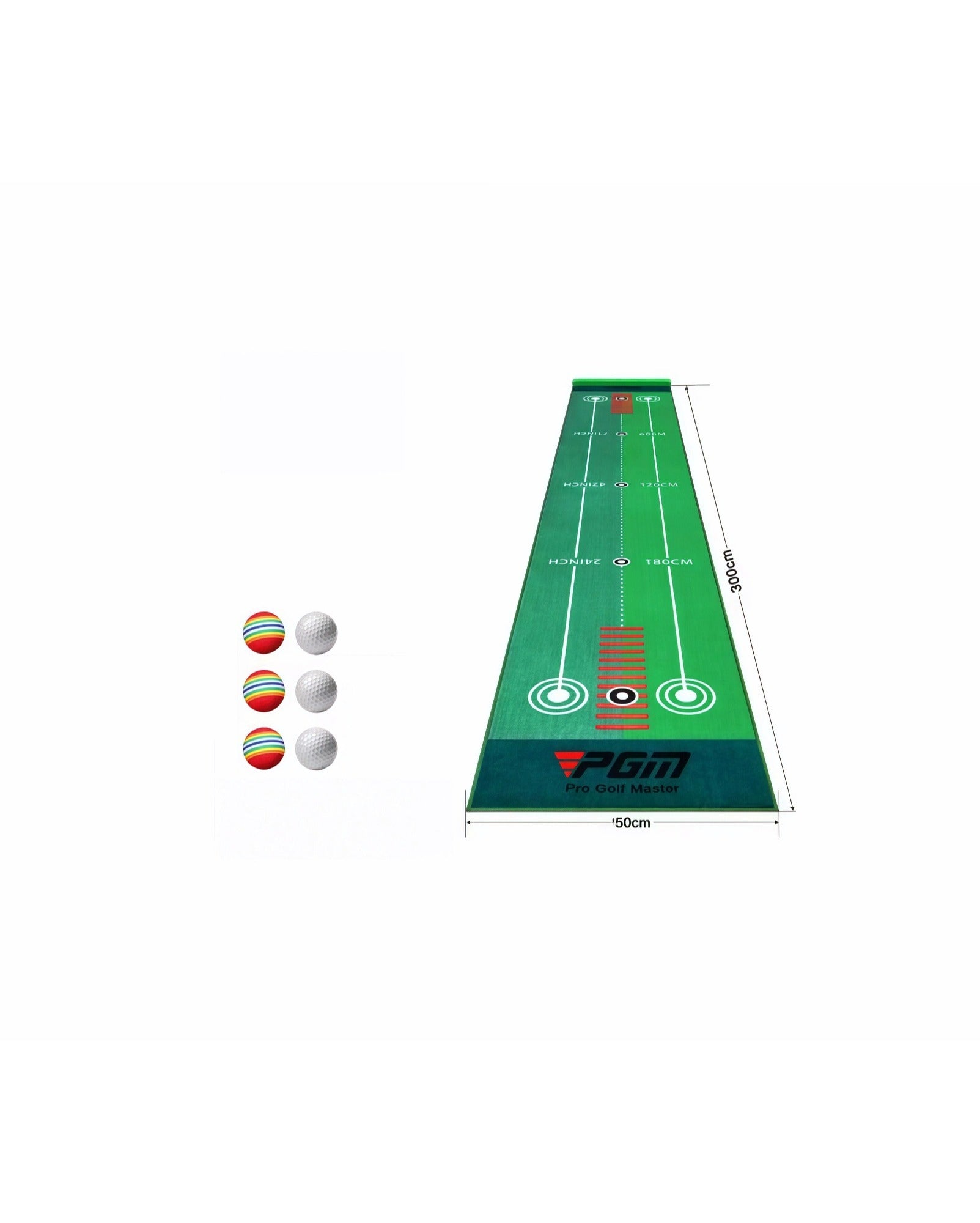 PGM multi-angle putting mat 300cm x 50cm with white and rainbow foam practice balls