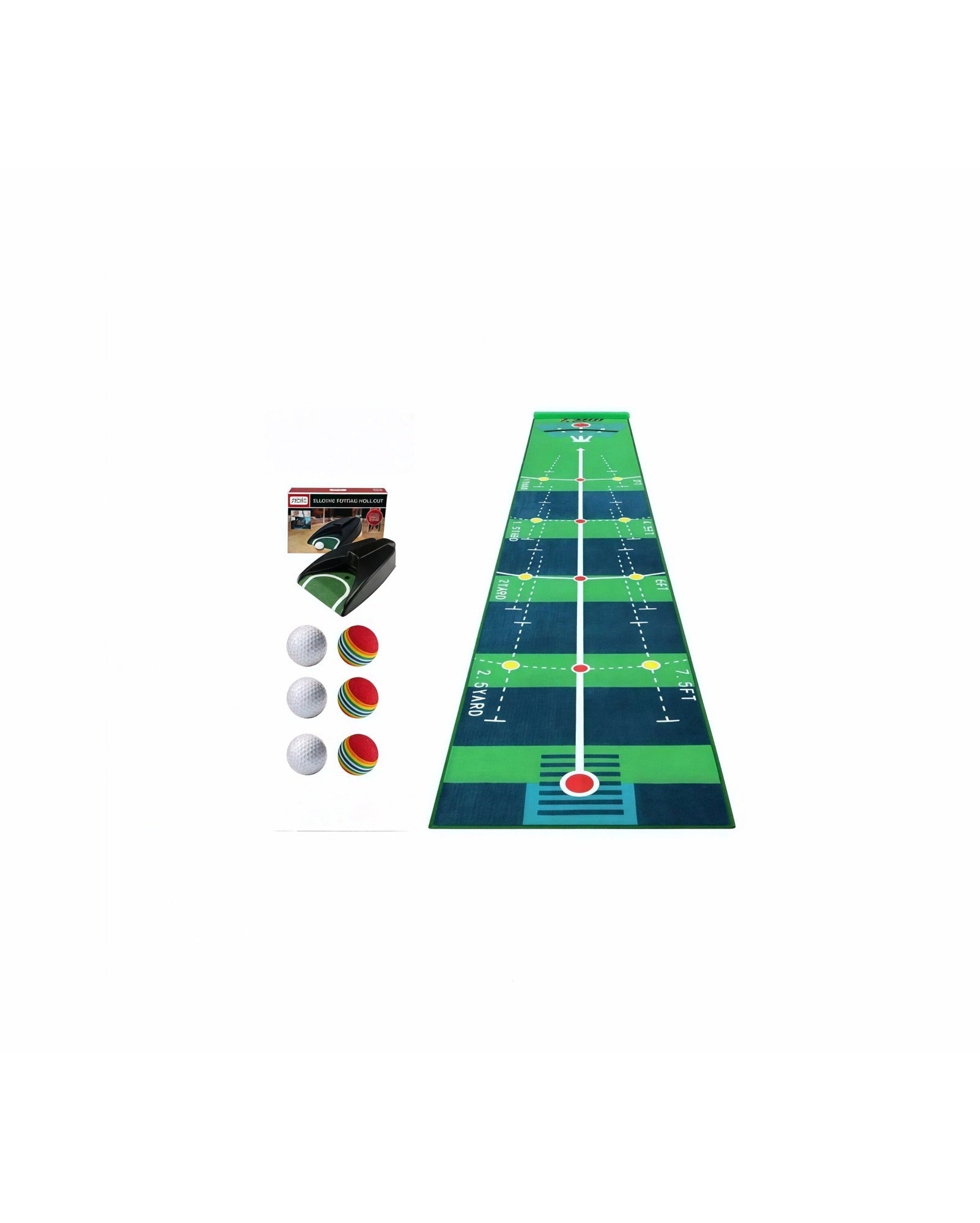 PGM two-way putting mat bundle with auto-return ball cup and six practice golf balls
