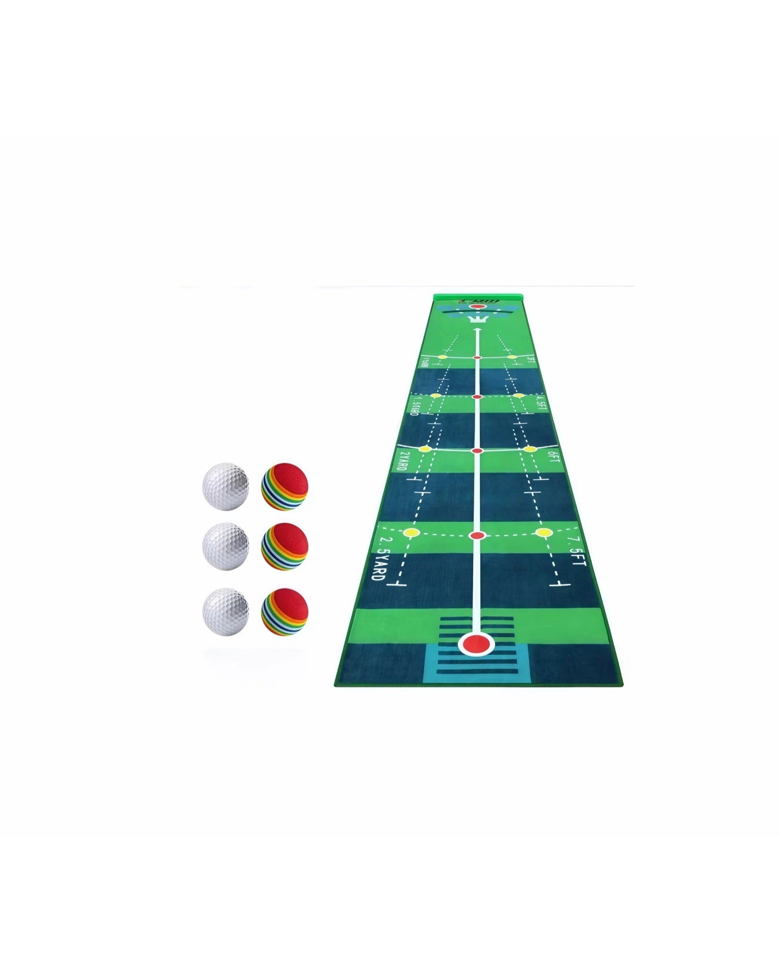 PGM two-way putting mat with white and rainbow foam practice balls for indoor training
