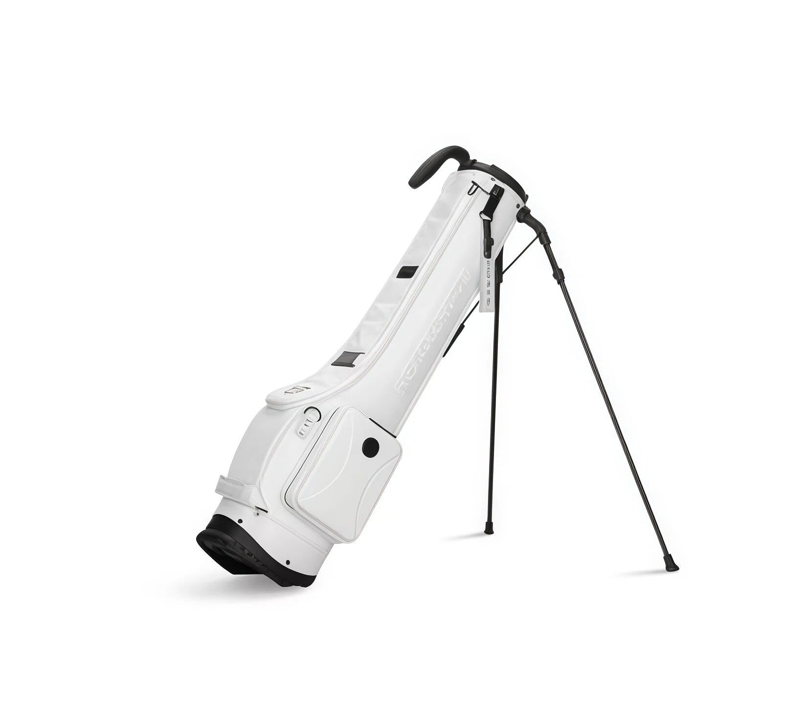 White HELIX B-Series golf stand bag on black tripod legs with padded top handle and front zipped pocket
