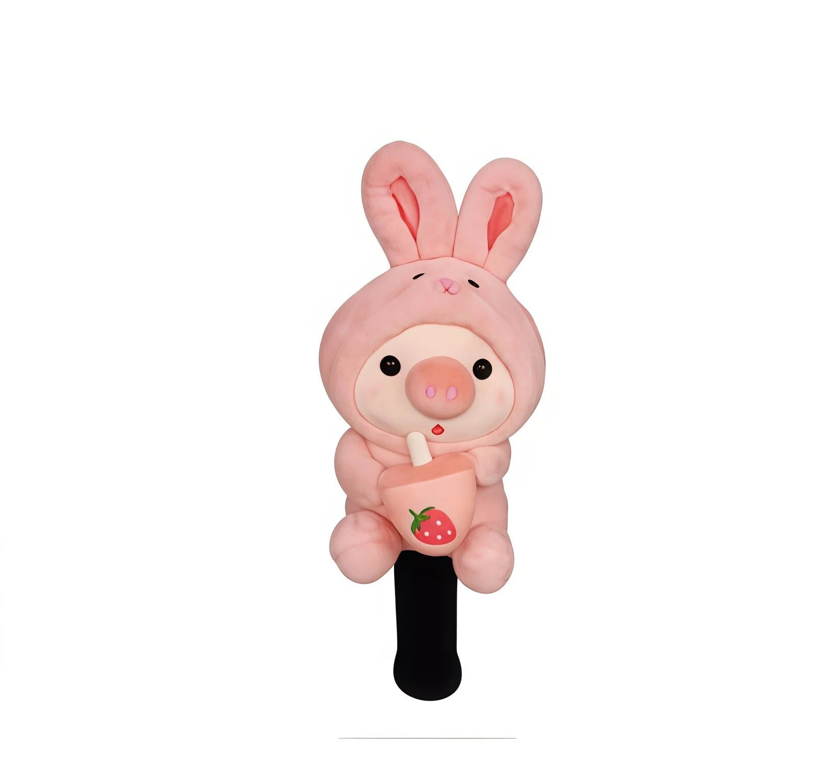 Pink bunny-hooded cartoon pig golf driver headcover holding a strawberry bubble tea cup, black knit sleeve below