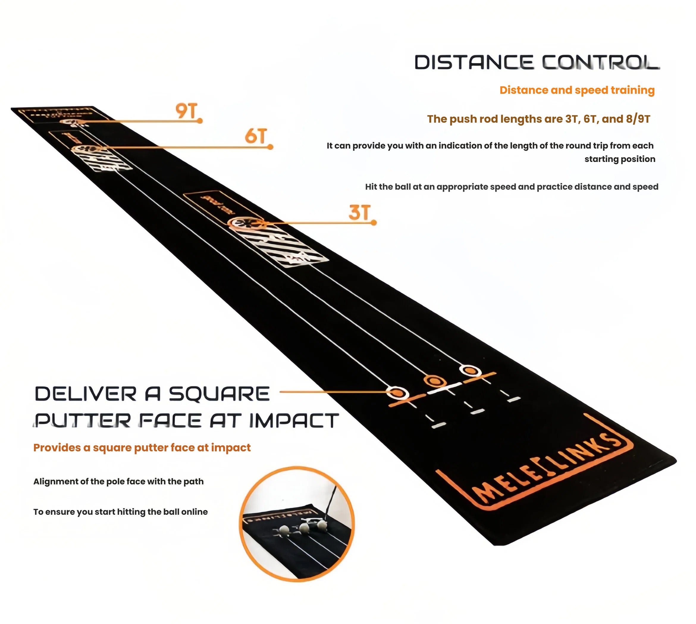 MELE LINKS putting mat lifestyle shot showing a golfer practising lag putts at home