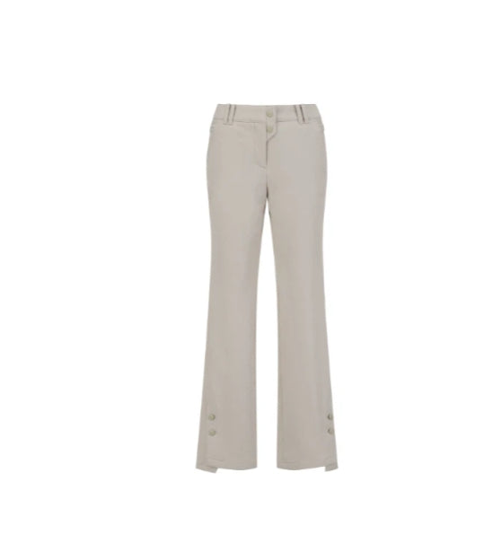 St Andrews Women's Slim-Fit Flare Golf Pants in khaki — front flat lay showing flare silhouette
