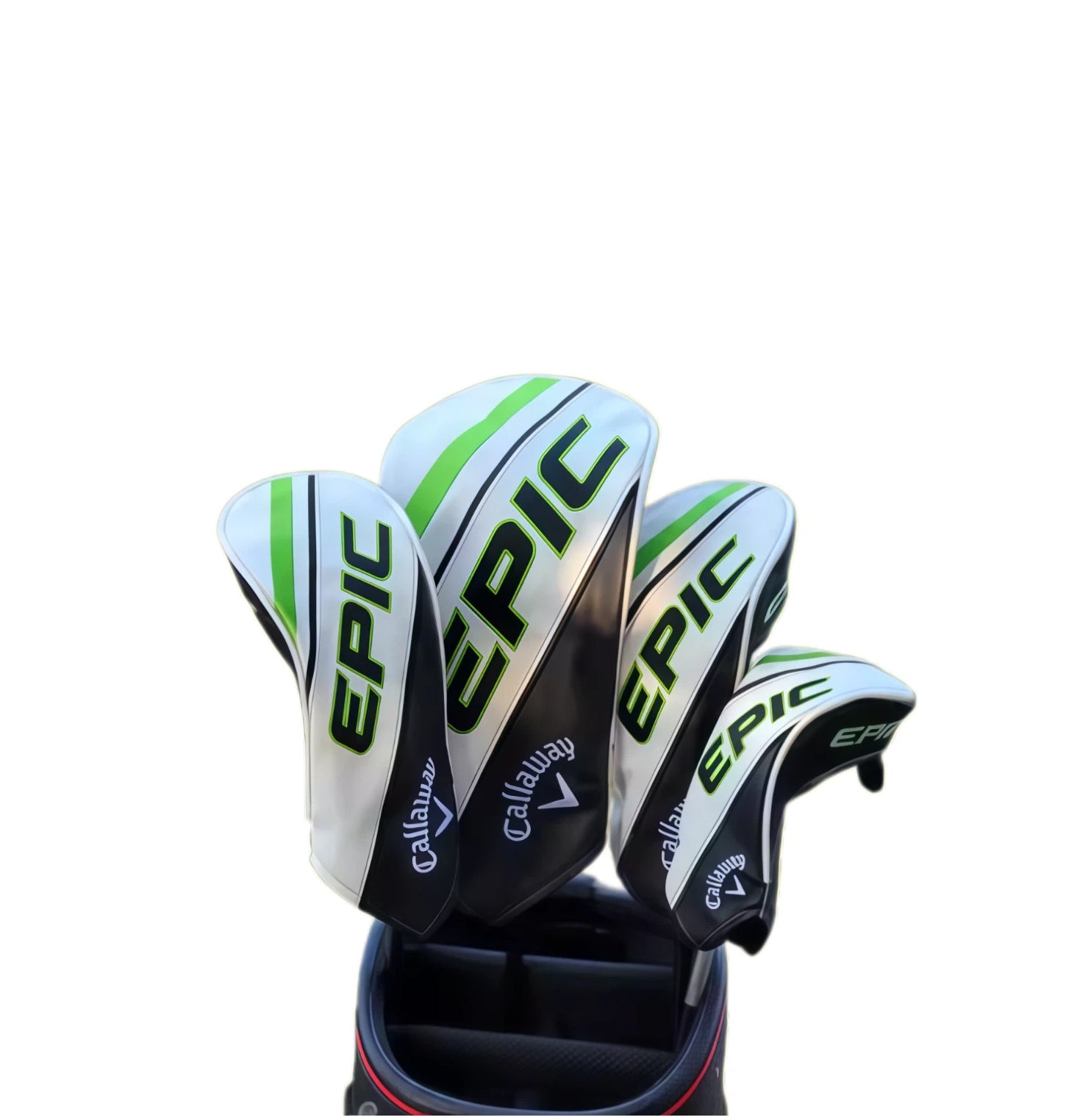 Set of four Callaway EPIC golf headcovers for driver, fairway and hybrid in white, green and black with Callaway logo