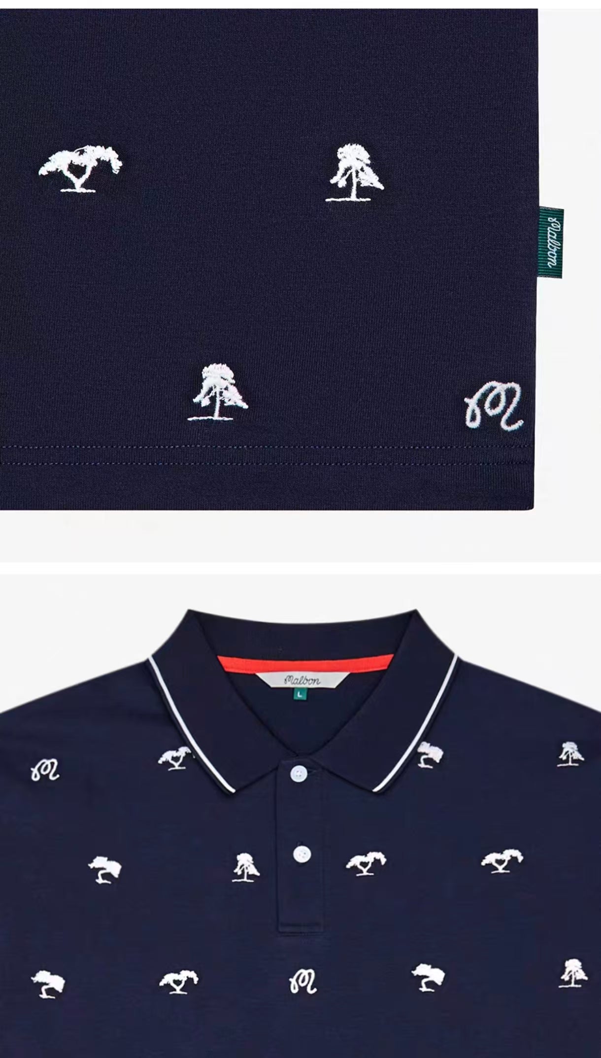 Malbon men's Korean Style Lightweight Athletic Golf Polo in Navy Blue, logo and fabric detail