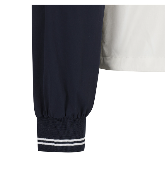 Malbon women's stand collar lightweight breathable golf jacket in Navy Blue, pocket and trim detail