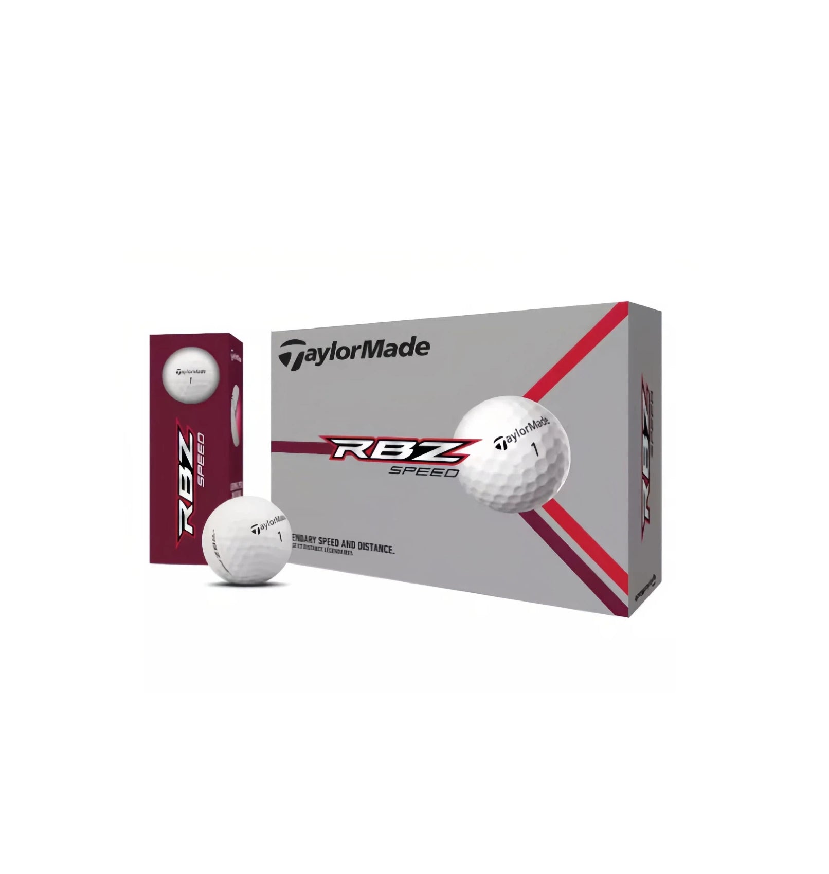 TaylorMade Rocket Ballz Speed 2025 golf balls in a 12-pack box, showcasing the "RBZ Speed" design, with two balls displayed for a clear view of the product.