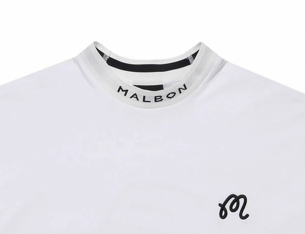 Malbon men's relaxed-fit cotton crewneck golf T-shirt in White, logo and fabric detail