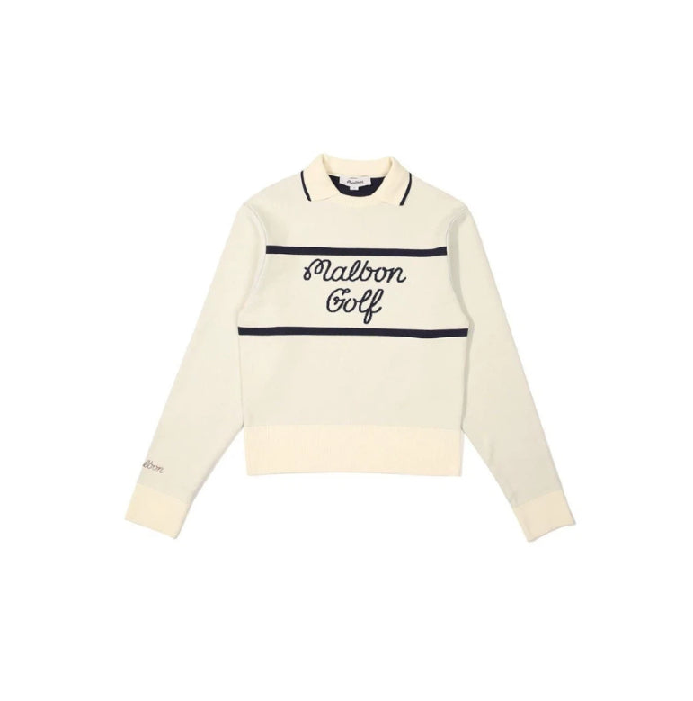 Malbon Women's Knit Golf Sweater Polo in apricot — front flat lay with Malbon Golf cursive embroidery