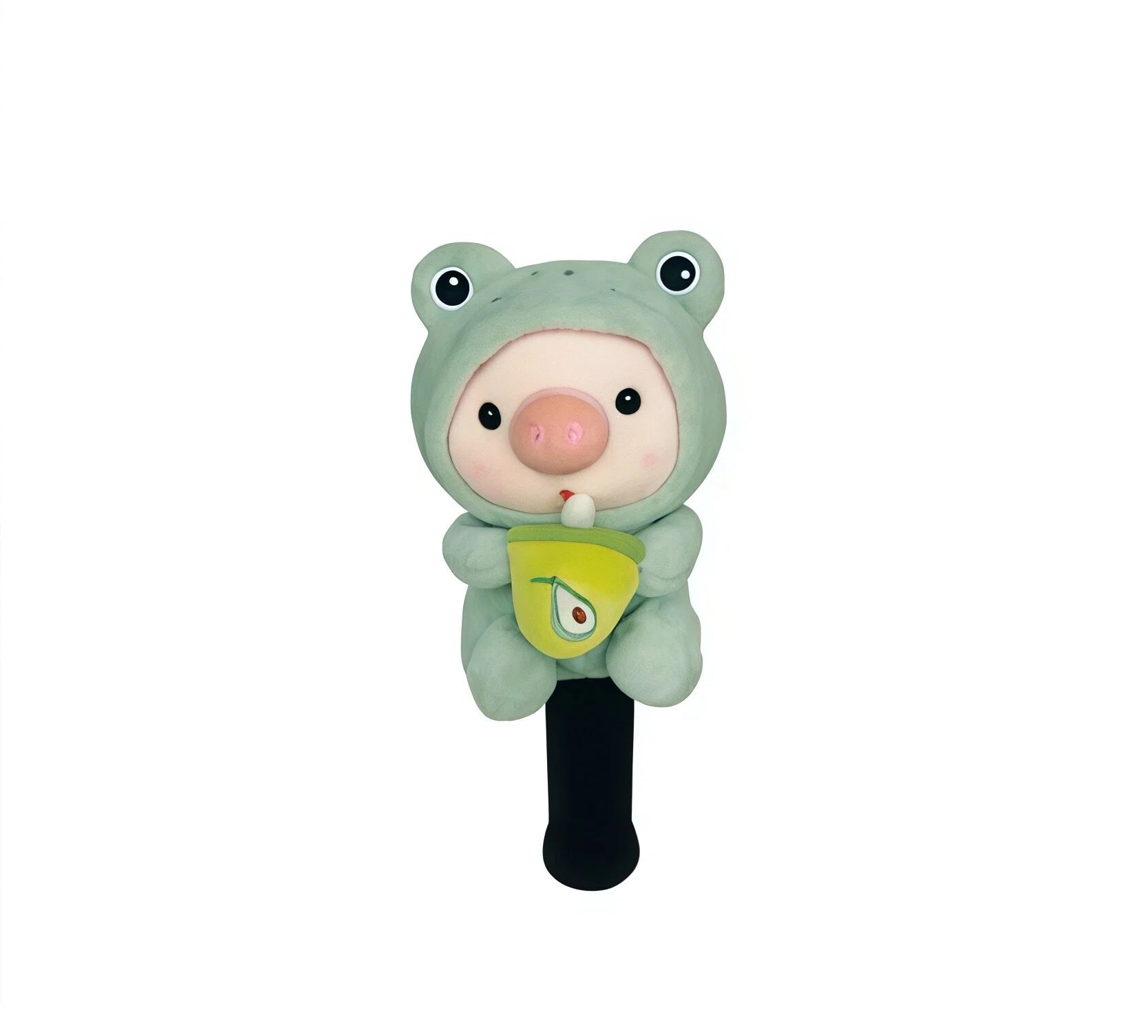 Mint green frog-hooded cartoon pig golf fairway wood headcover clutching a pear-print boba cup, on black knit sleeve