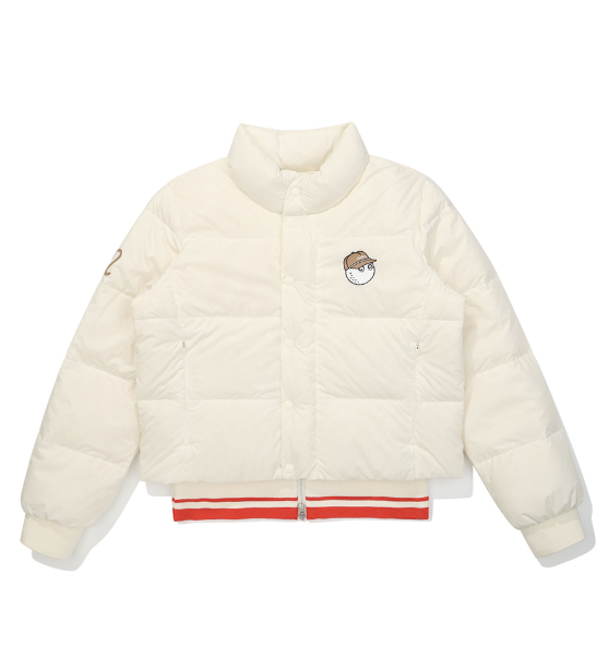 Malbon women's lightweight thermal down golf jacket in White, lifestyle view