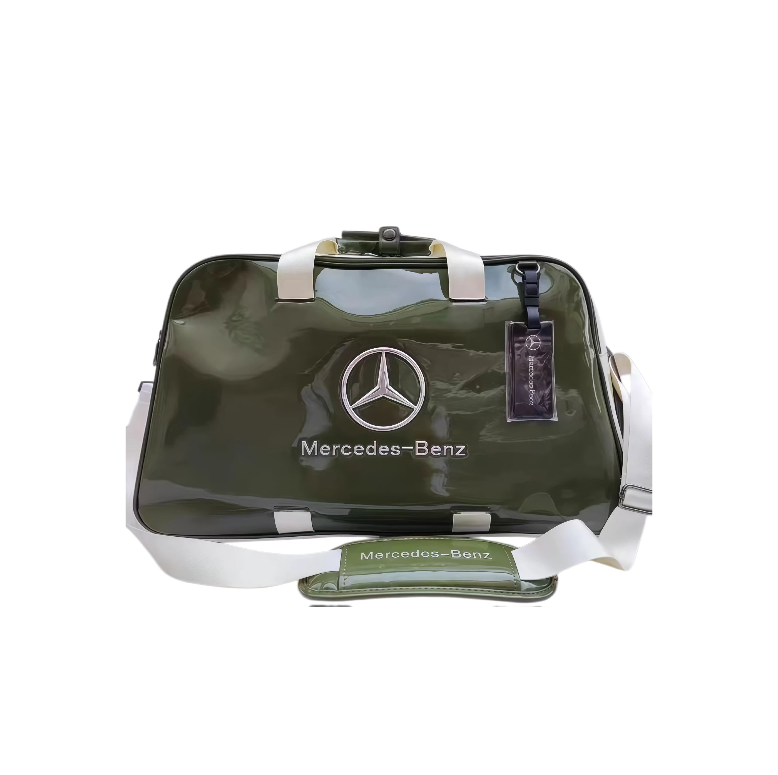 Olive green glossy PVC Mercedes-Benz duffel, front view with chrome star logo, white shoulder strap and clear luggage tag