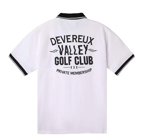 Devereux men’s White letter-print golf polo rear view with Valley Golf Club graphic