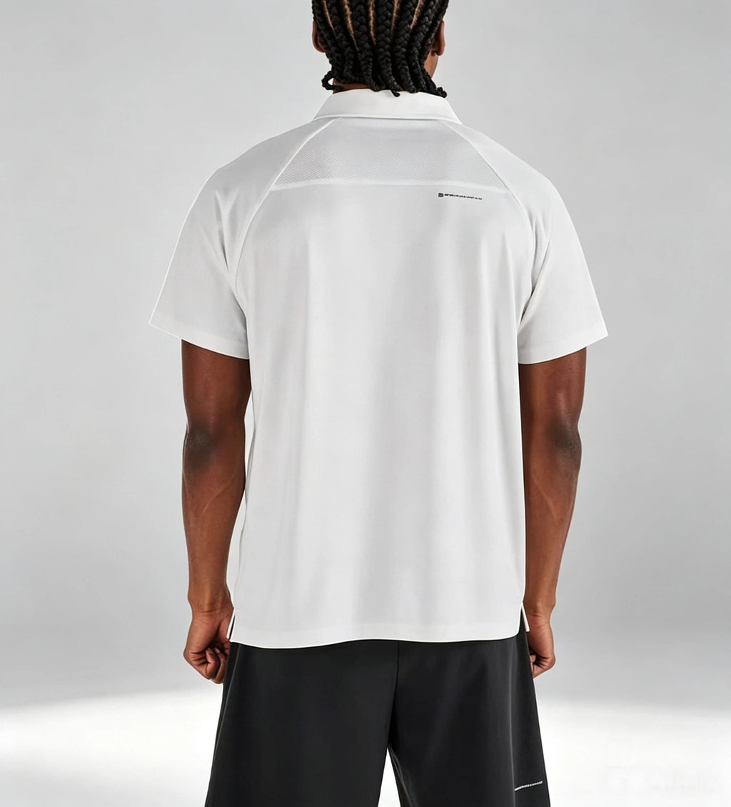 Malbon men's quarter-zip golf polo shirt in White, lifestyle front view
