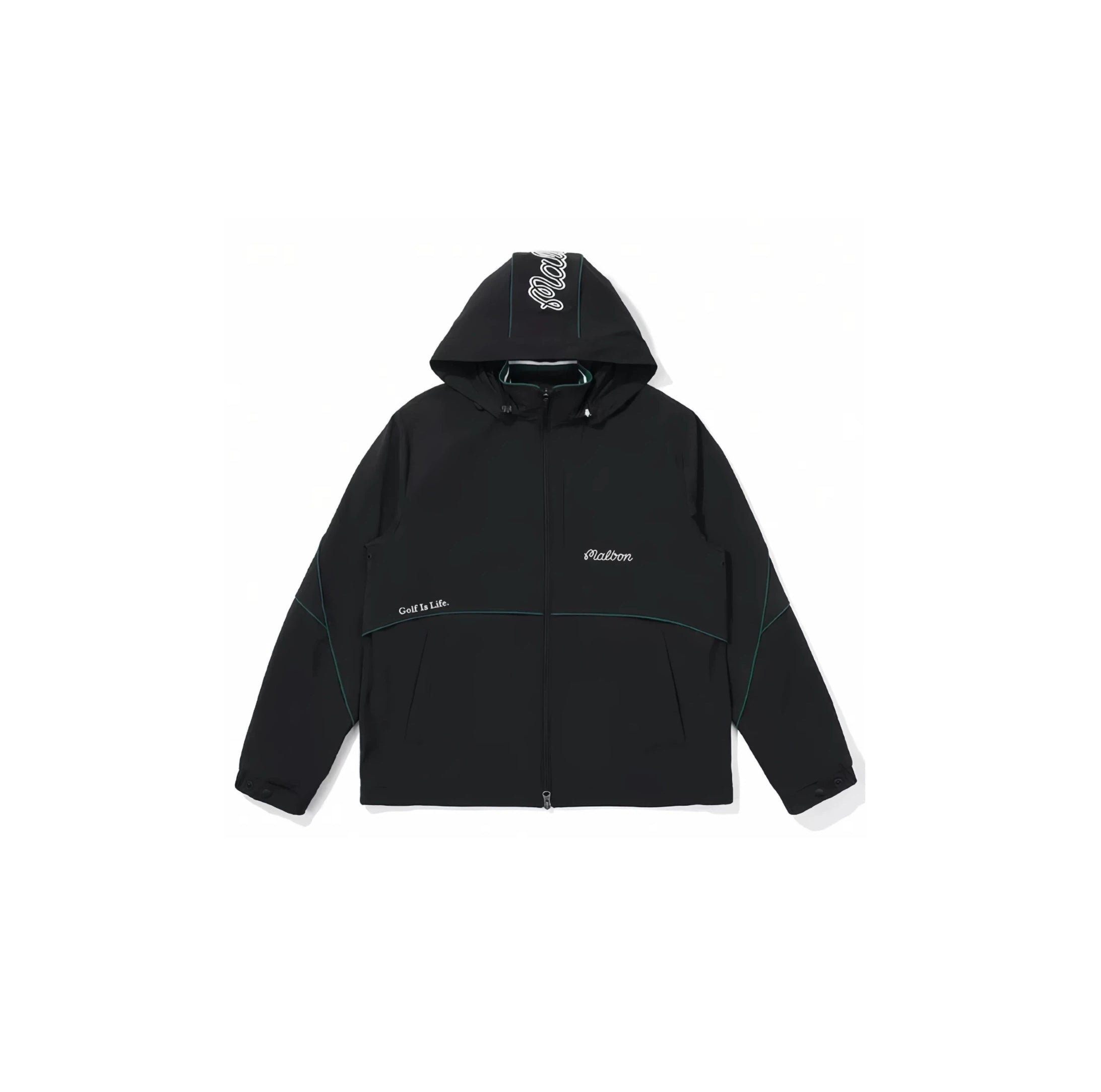 Malbon men hooded golf jacket in green front view