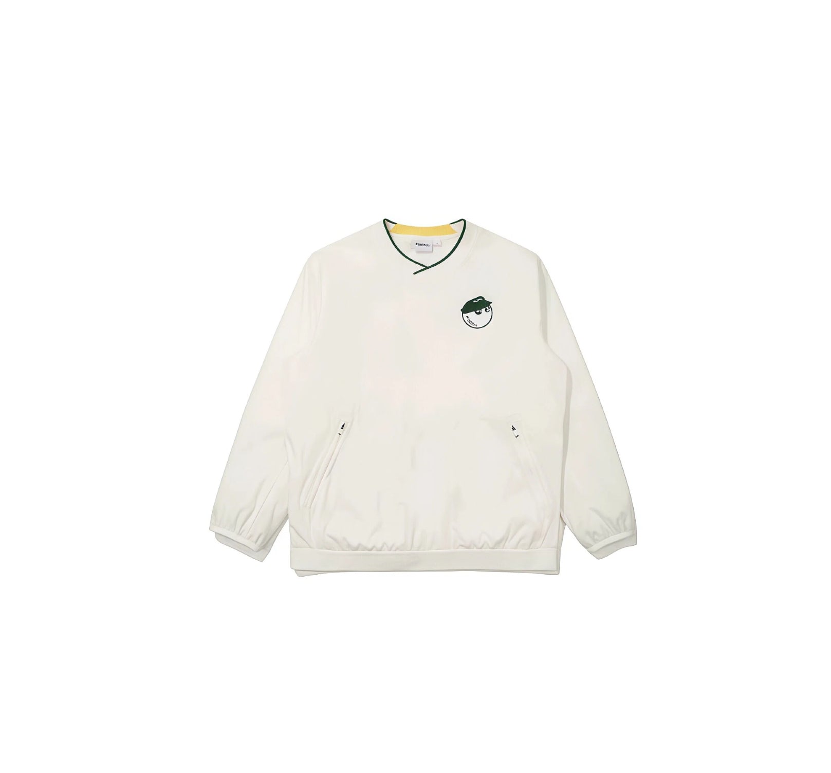 Malbon men's long-sleeve V-neck golf pullover in white with green V-neck piping, embroidered chest patch and zip side pockets