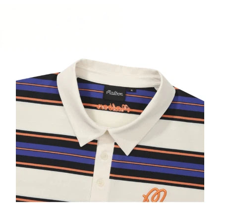 Malbon striped golf polo blue side profile