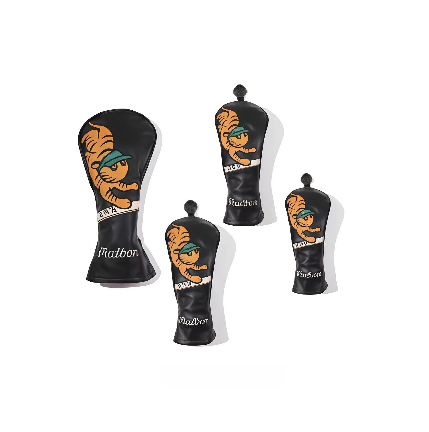 Side view of a four-piece black Malbon golf headcover set featuring an illustrated tiger with cap, labeled with club types (D/A, G/GU, U/B), offering durable protection and retro charm.