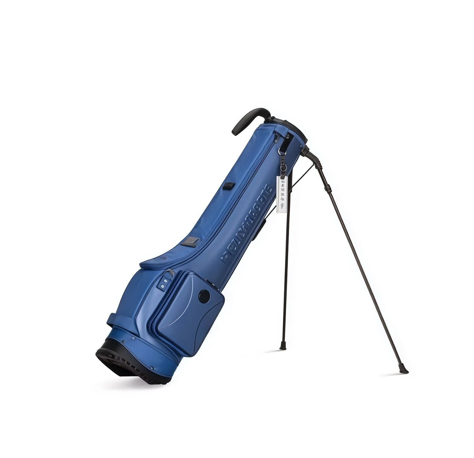Navy blue HELIX B-Series golf stand bag on black tripod legs with padded carry handle and front zipped accessory pocket
