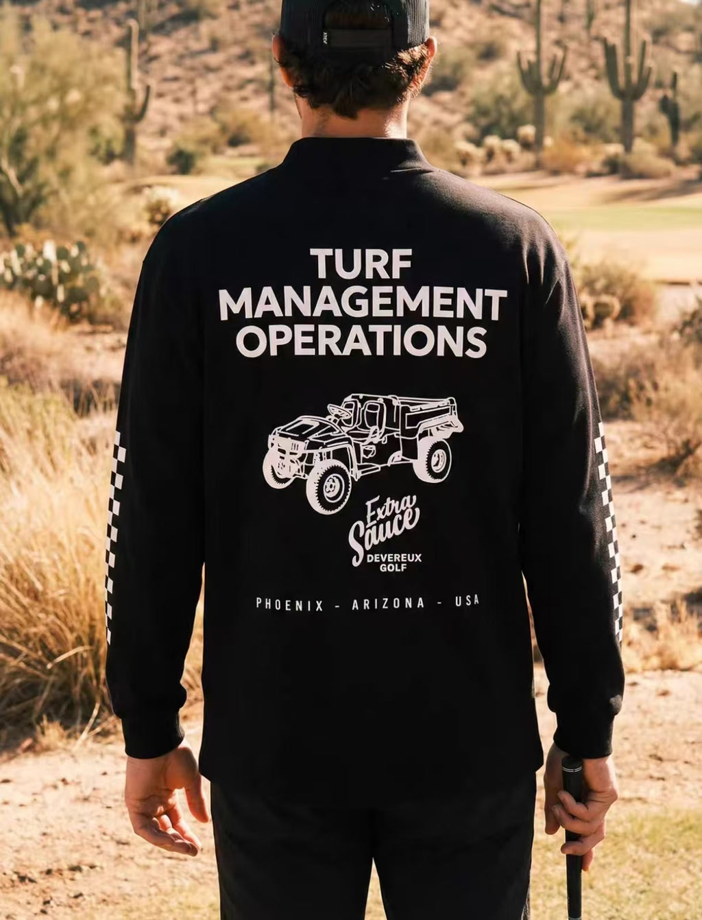 Devereux Golf Men’s Mower Checkerboard Sleeve Mock Neck Long Sleeve Shirt in Black - product view