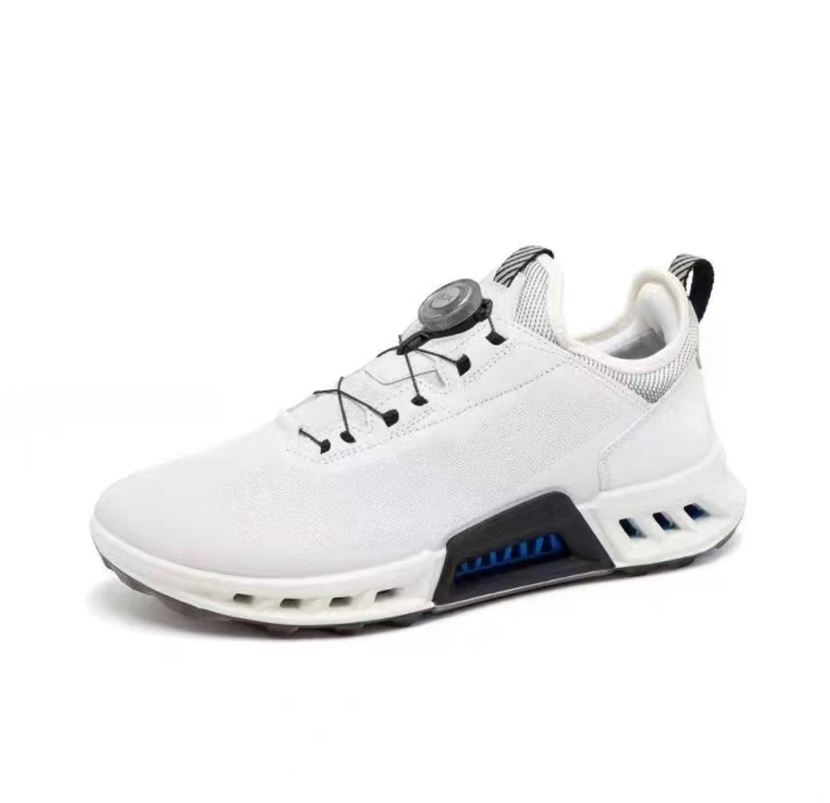 men’s breathable leather golf shoes in White & Black, side profile
