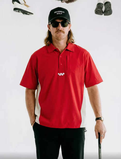 Devereux Red colorblock golf windshirt front view on male model