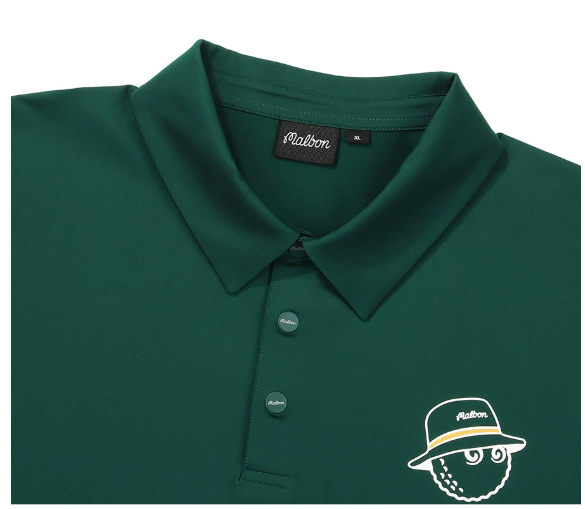 Malbon men's stretch quick-dry athletic golf polo in Green - collar and chest detail
