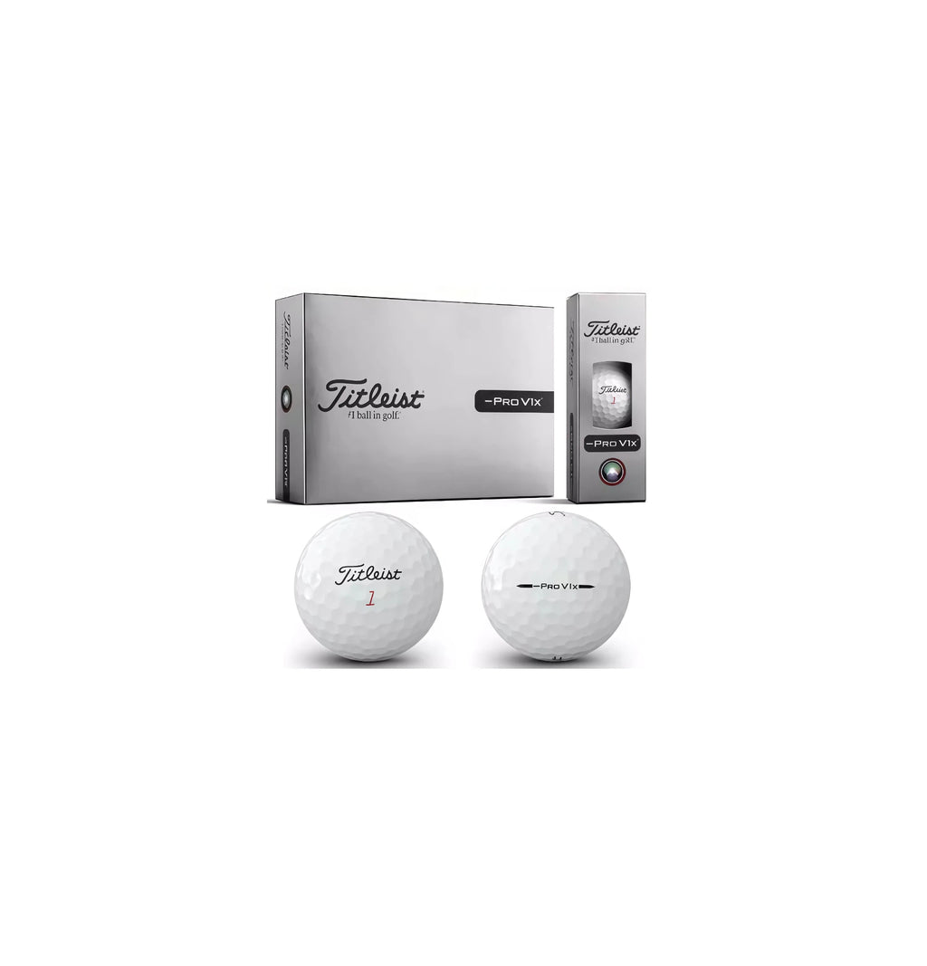 Titleist Pro V1x dozen box with sleeve and two golf balls showing red number 1 and Pro V1x side stamp
