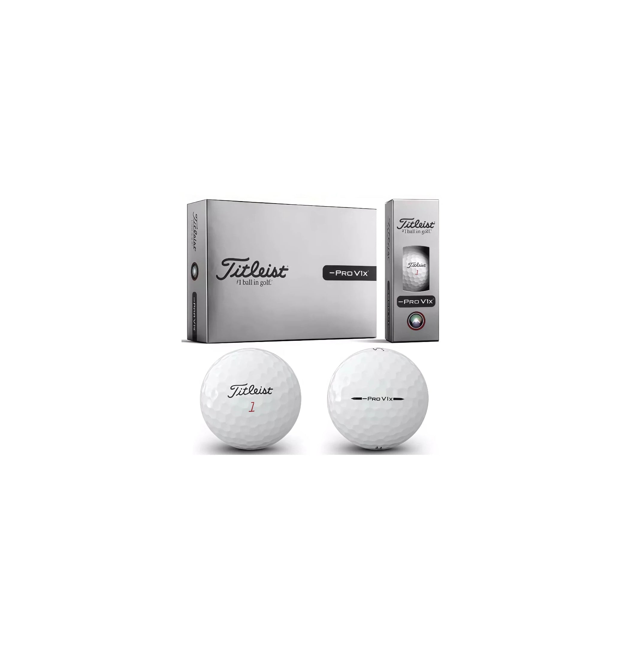 Titleist Pro V1x dozen box with sleeve and two golf balls showing red number 1 and Pro V1x side stamp