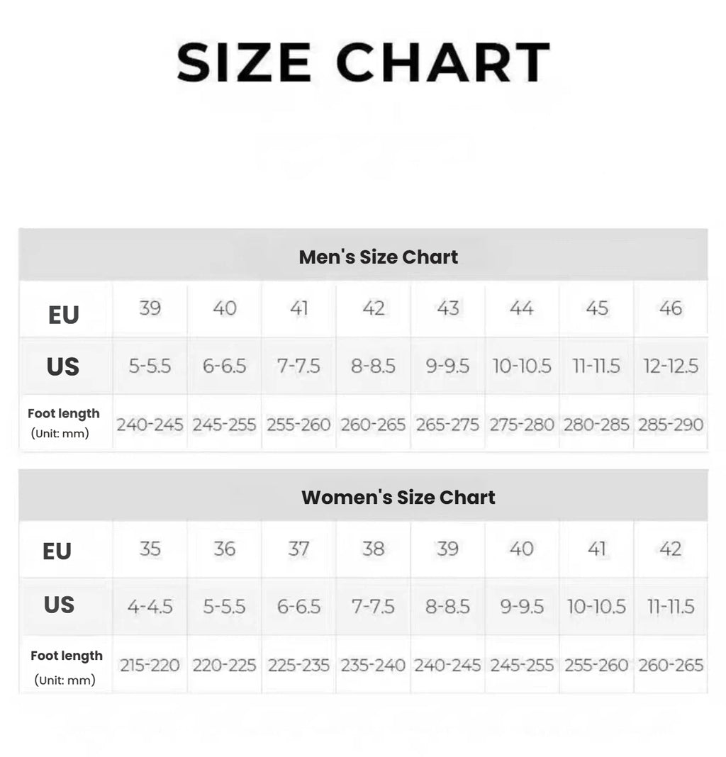 Golf shoe size chart with EU, US and foot length conversions