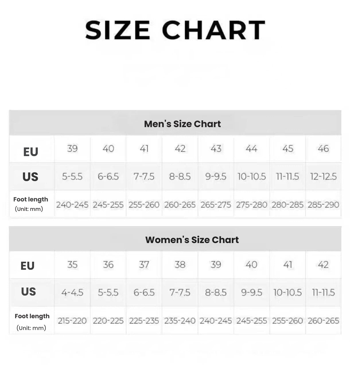 Golf shoe size chart with EU, US and foot length conversions
