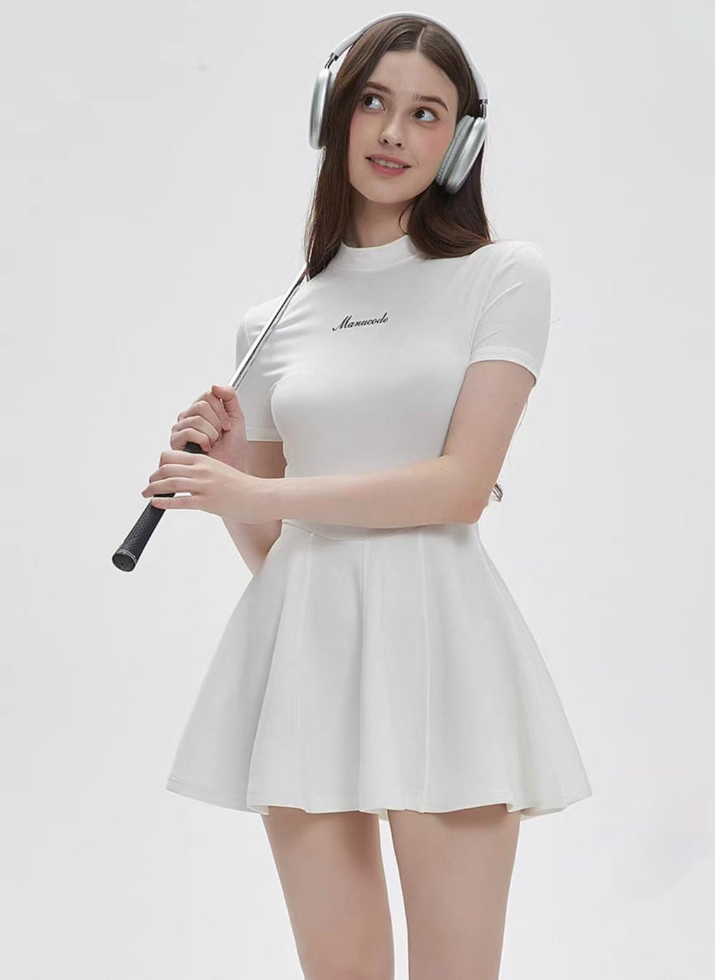 Manucode Women’s White Retro High Neck Air Fabric Golf Dress