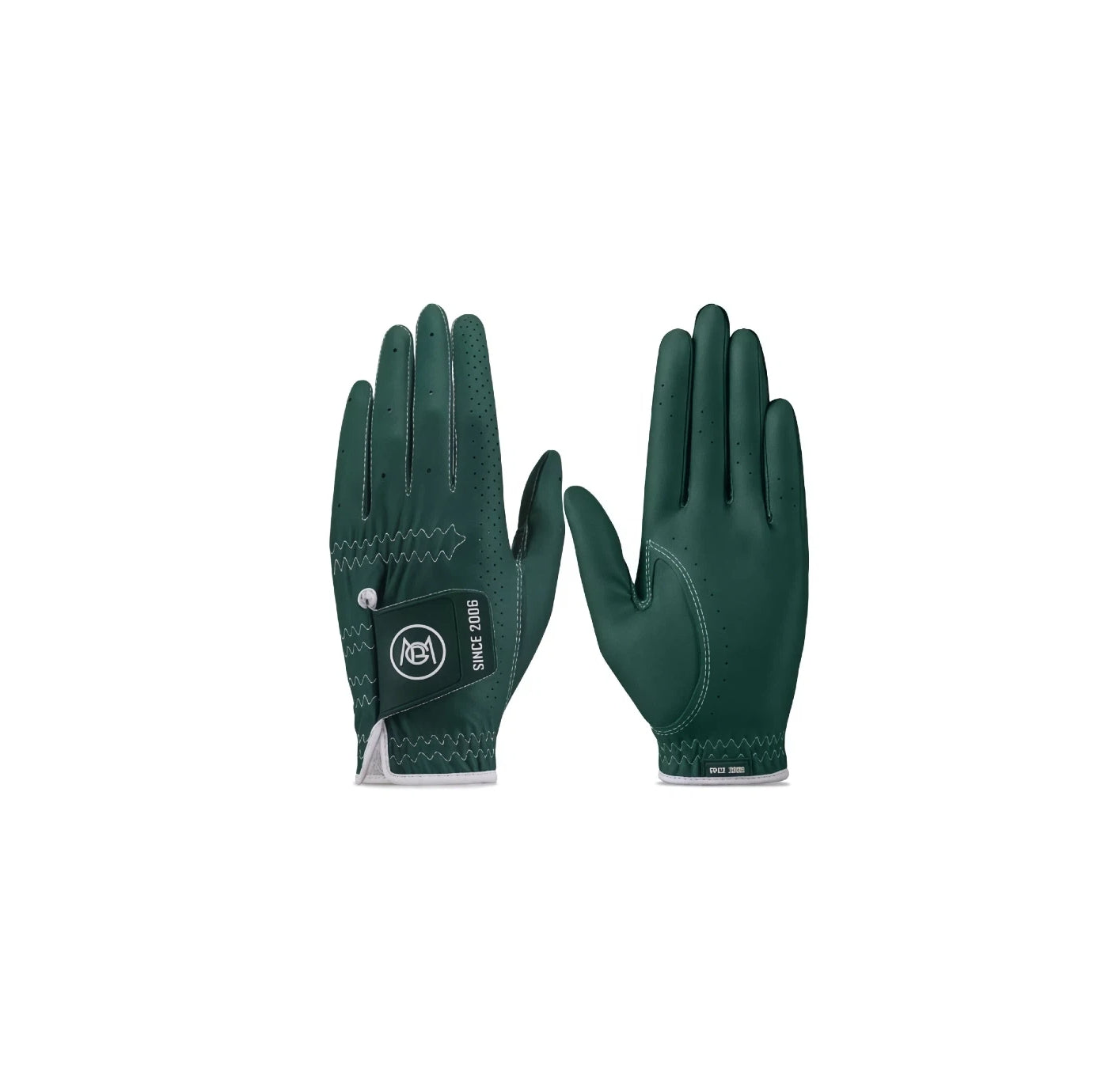 Pair of forest green women's nano golf gloves with white contrast stitching and perforated breathable fingers
