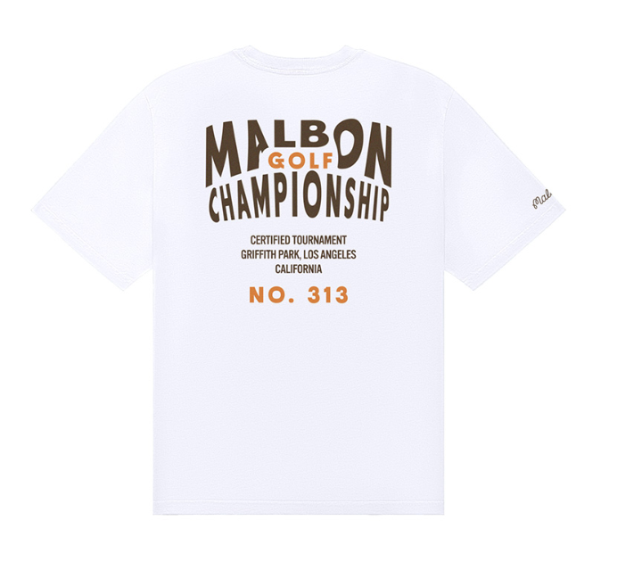 Model wearing Malbon navy T-shirt back view