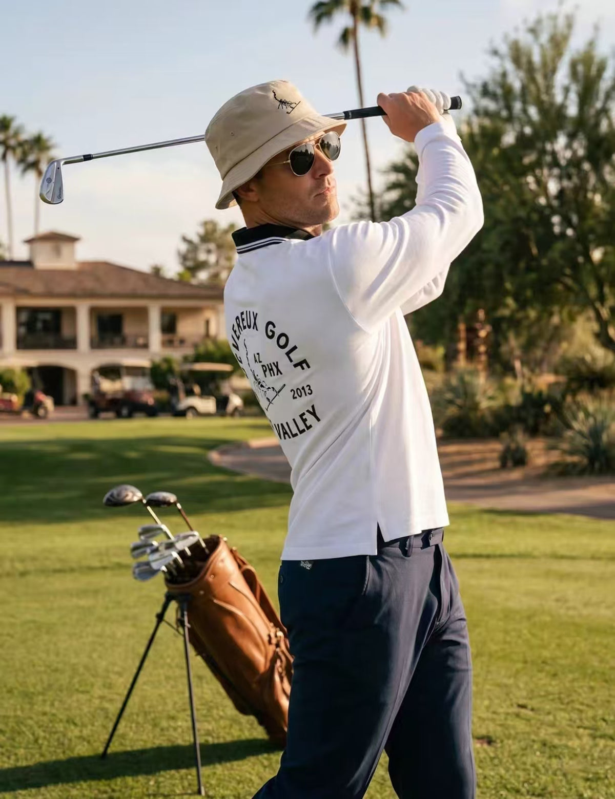 Devereux Golf Men’s Vintage Back Graphic Scorpion Long Sleeve Shirt in White - product view