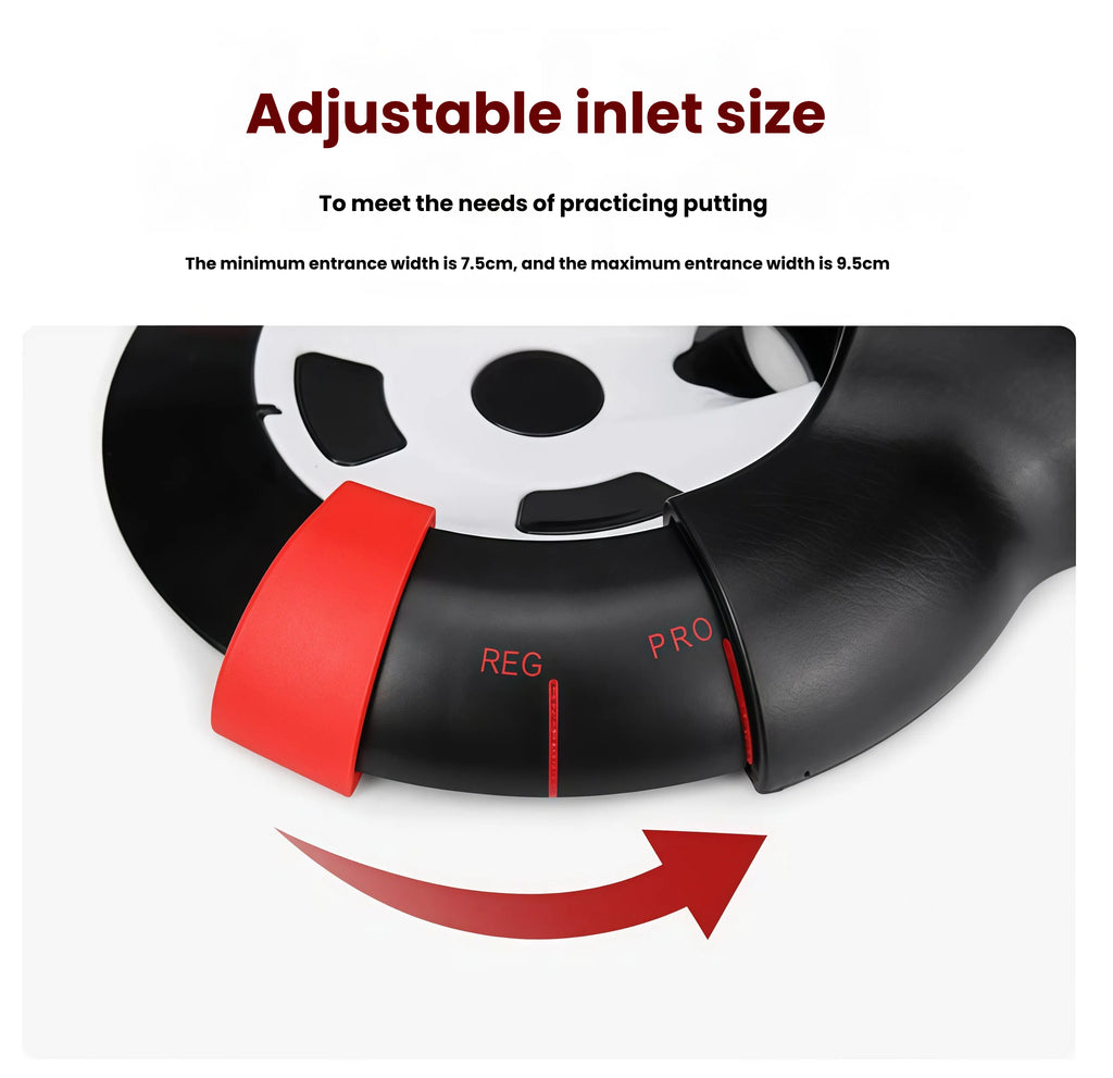 PGM putting cup placed on a putting mat for hands-free practice with auto ball return
