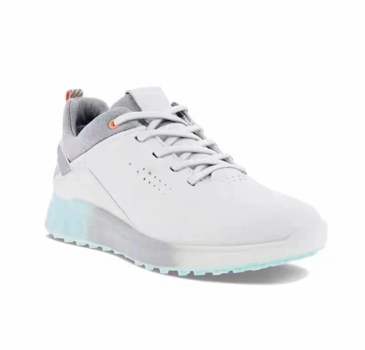 women’s leather anti-slip golf shoes in White & Blue, angled front view