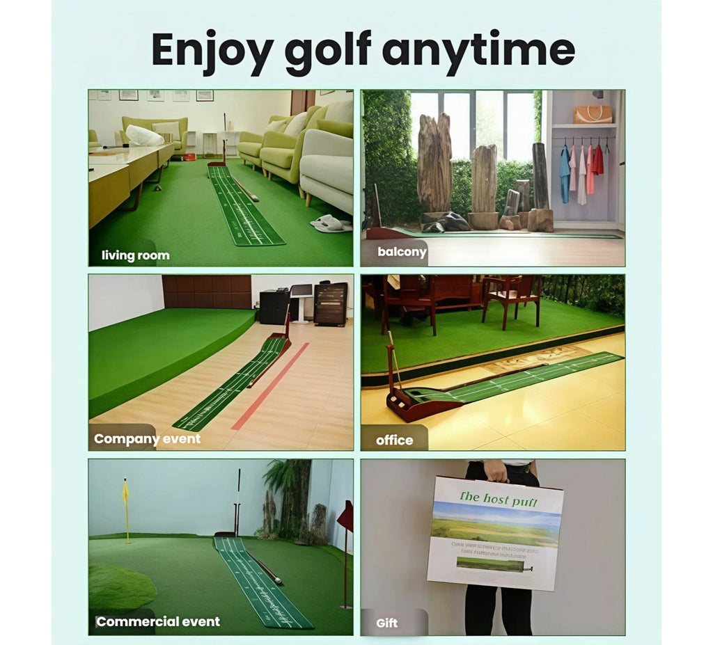 Demonstration of the automatic ball return track on the Caiton golf putting mat, showing golf balls rolling smoothly back to the player without jamming, allowing for continuous practice.