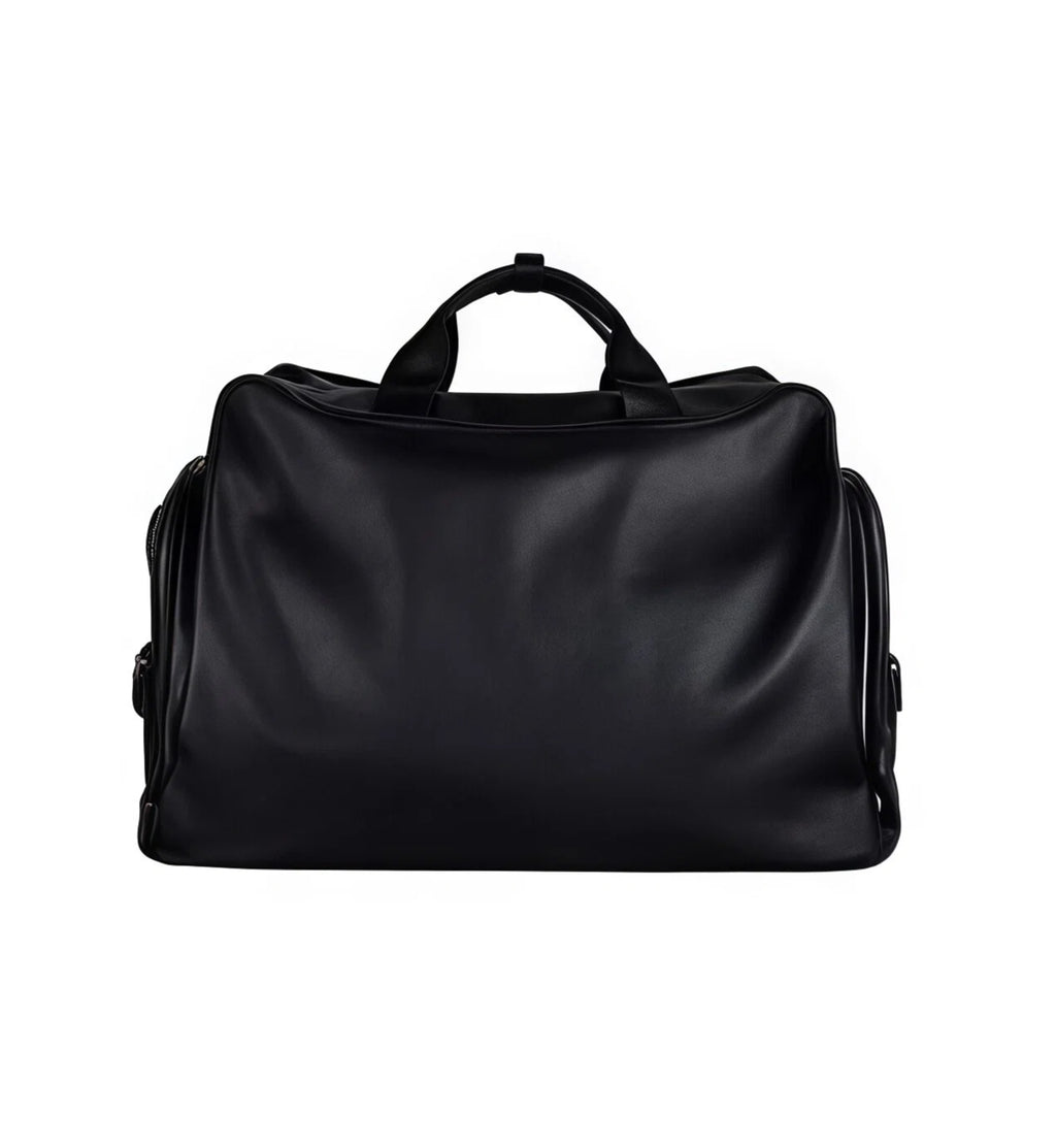 Back view of the black European Tour duffel bag highlighting its smooth synthetic material, reinforced base, and clean lines. Designed for durability and comfort.