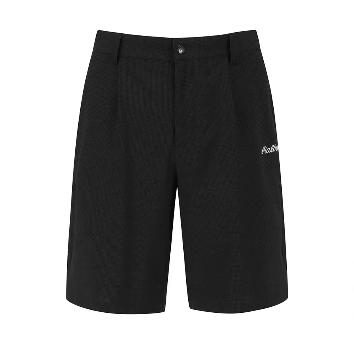 Malbon Studio Seoul Seersucker Setup Shorts Black seersucker golf shorts front view