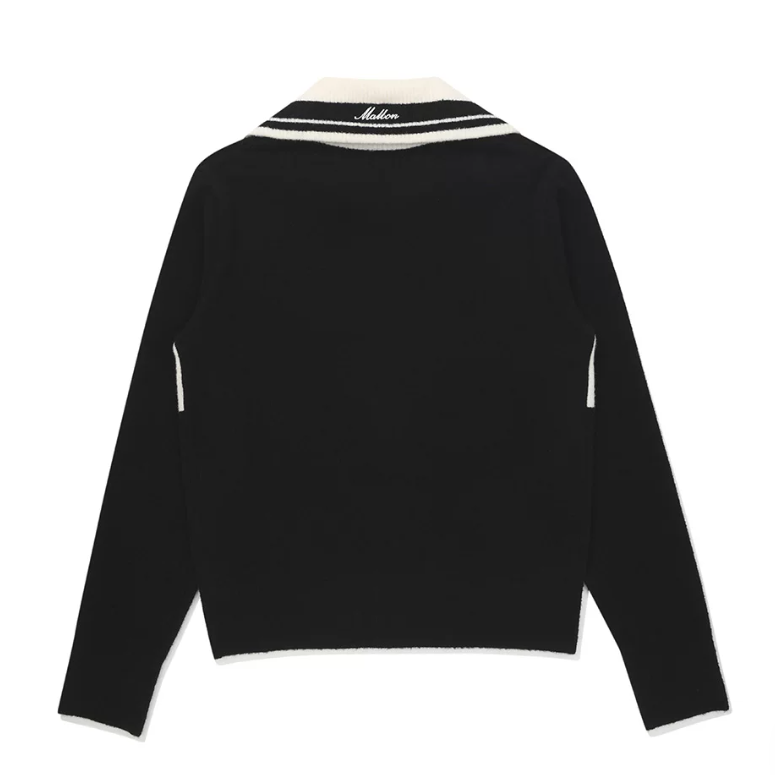 Malbon Women's Collared Knit Long Sleeve Black knit long sleeve golf top detail view