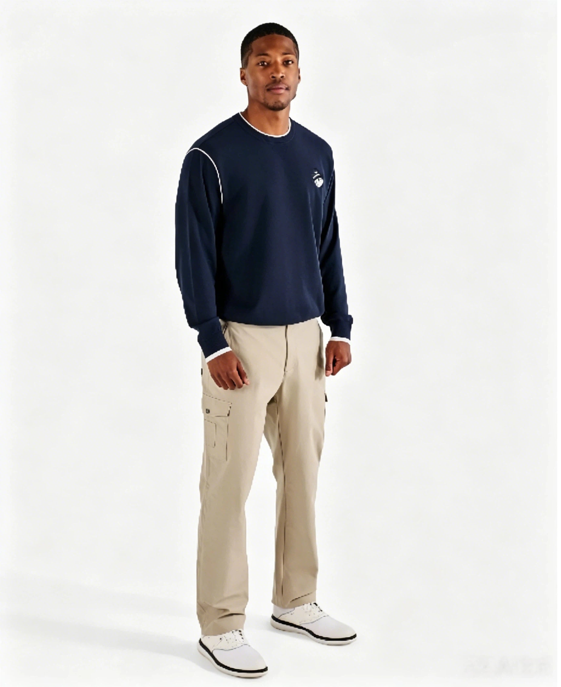 Malbon Studio Seoul Double-Knit Men's Pullover Navy golf apparel worn front view
