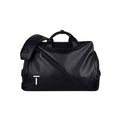 Front view of the black European Tour golf duffel bag featuring a minimalist silver "T" logo, diagonal zipper, adjustable shoulder strap, and dual top handles. Designed for golf, gym, or travel.
🔹 Image 2: White Duffel Bag – Front View