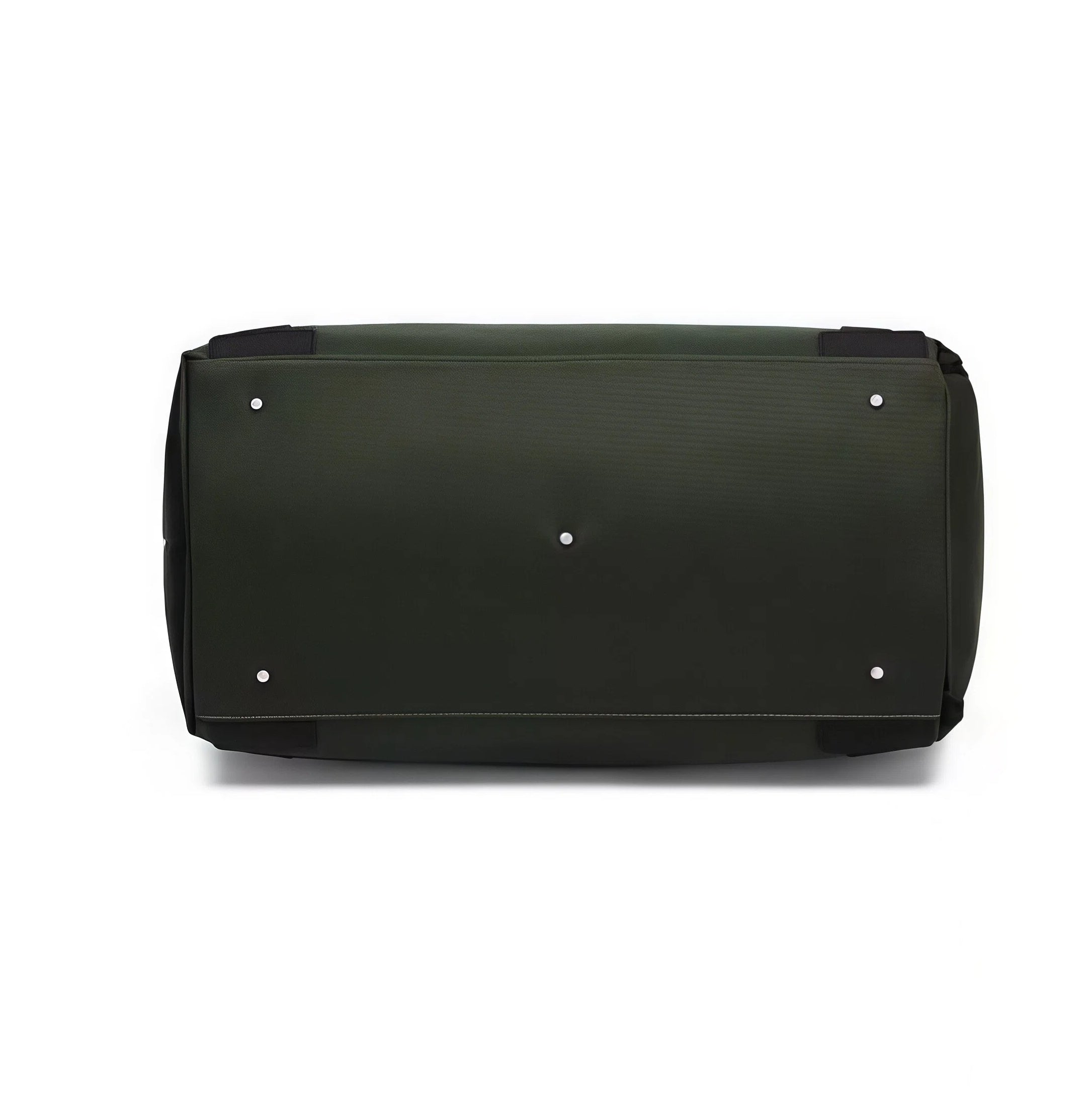 Bottom view of the PGA Official Golf Duffel Bag showing four silver protective feet and reinforced stitching for added durability and protection against wear.
