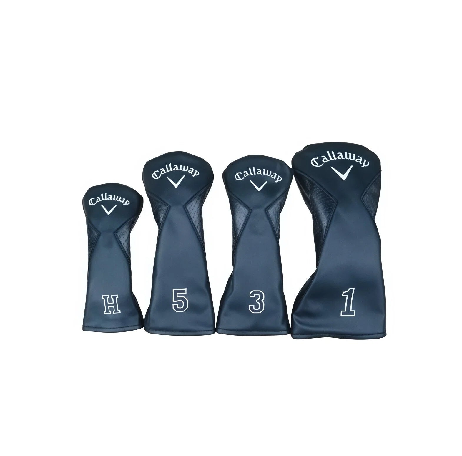 Sleek navy blue Callaway wood headcovers with white branding — full set includes driver, 3-wood, 5-wood, and hybrid covers; combines soft-touch leather-like material with modern carbon fiber detailing for style and protection