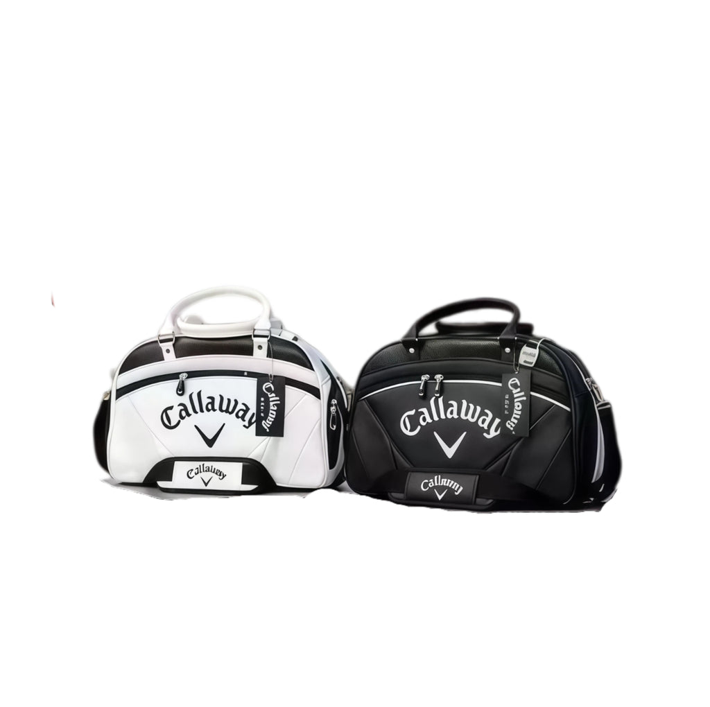 Side-by-side view of the Callaway Exia Premium Golf Boston Bag in black and white colorways. Both feature quilted panels, embossed logos, top handles, and brand tags. Ideal for golf, gym, or travel.