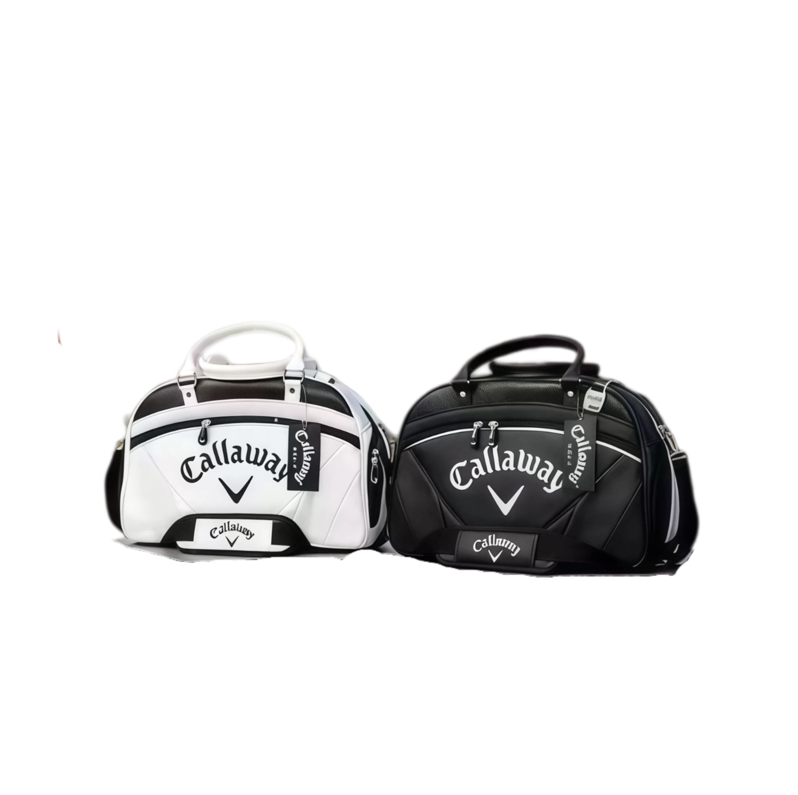 Side-by-side view of the Callaway Exia Premium Golf Boston Bag in black and white colorways. Both feature quilted panels, embossed logos, top handles, and brand tags. Ideal for golf, gym, or travel.