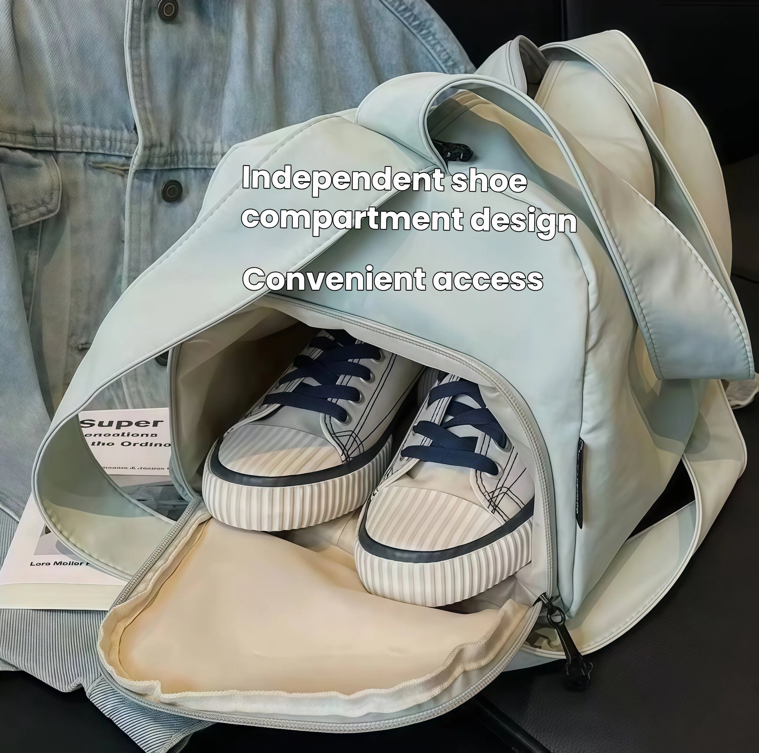 Interior view of the Callaway Golf Duffel Bag 2025 with an open independent shoe compartment containing a pair of sneakers. Designed for easy access and odor separation.
