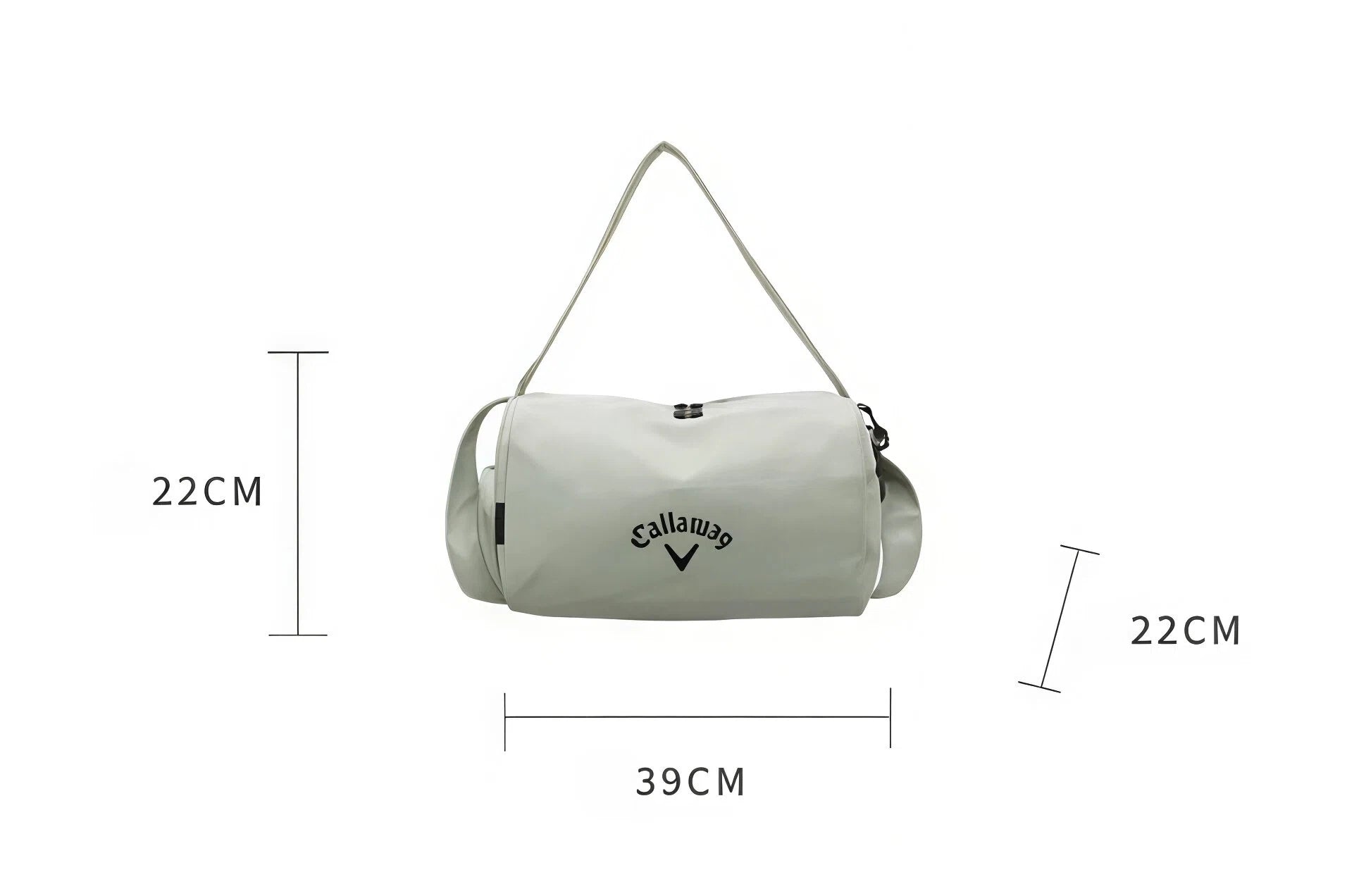 Size dimensions of the Callaway Golf Duffel Bag 2025: 39cm (length), 22cm (height), 22cm (width). Compact and portable for gym, travel, or weekend trips.
