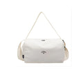 White duffel bag with a brand logo on a white background
